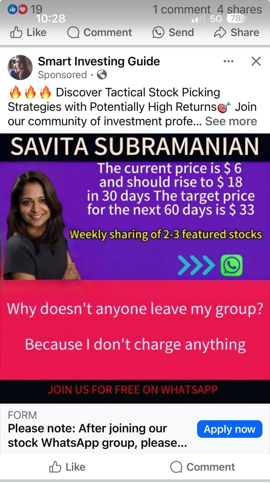 Example of facebook investment scam ad
